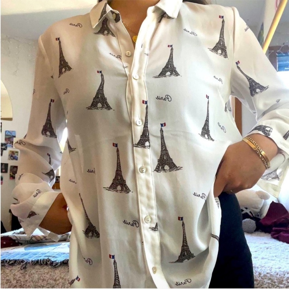 F21 Paris Eiffel Tower Button Down Blouse